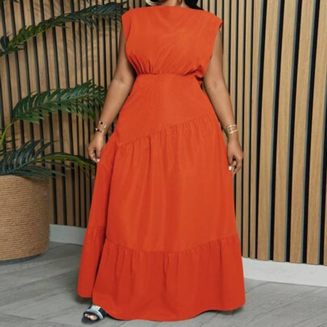 Slaydiva Plus Size Elegant & Party & Vacation Solid Green Sleeveless Asymmetrical Splice Thin Long Dress For Women, Spring & Autumn