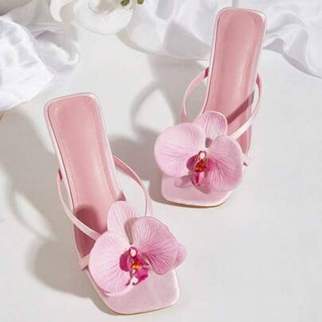 SHEIN Pink Satin Flower Open Toe Stiletto High Heel Sandals, Suitable For Spring/Summer Travel And Beach
