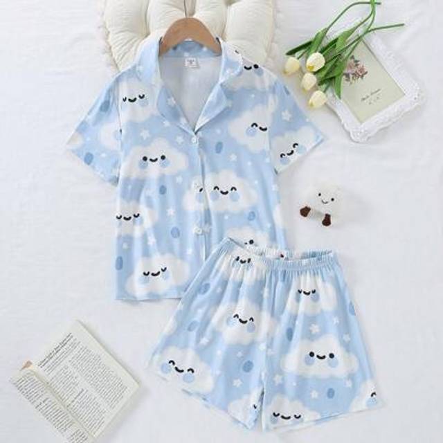 SHEIN 2pcs/Set Tween Girls Pink Cloud Lovely Print Short Sleeve Top And Shorts Flame Retardant Loungewear Set