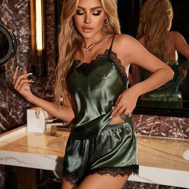 SHEIN 2pcs/Set Imitation Silk & Lace Splice Cami Top And Shorts, Pajama Set, Vacation