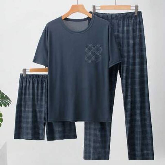 SHEIN 3pcs/Set Men&#39;s Summer Lightweight Pajama Set, Short Sleeve Tee And Shorts/Long Pants, Plaid Loungewear Set