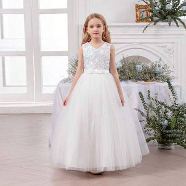 SHEIN Tween Girls Sequin Bow Elegant White Graduation Dress Party Princess Dress, Suitable For Girls Birthday, Prom, Wedding, Bridesmaid, Flower Girl, Holid