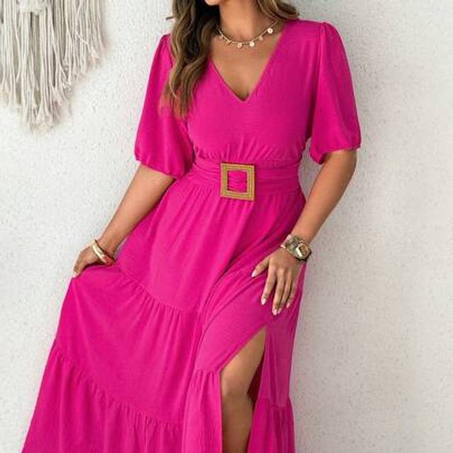 Franclia Plus Size Hot Pink Maxi Dress For Women: Summer Vacation Tiered Dress With V-Neck And Belt