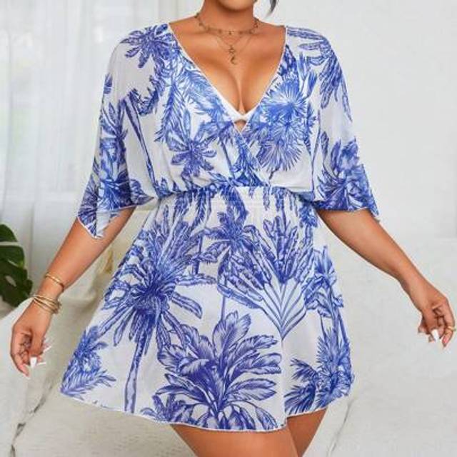 Swim Vcay Plus Size Palm Tree Printed Beachwear Cover Up