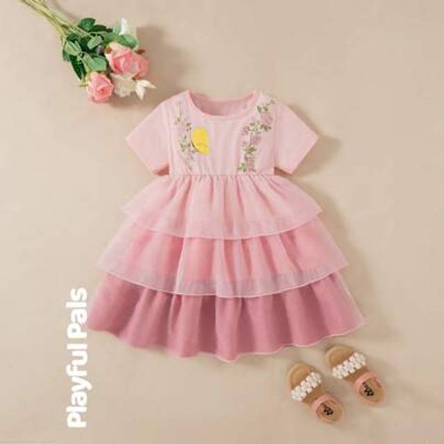 SHEIN Young Girl Rose Floral & Butterfly Pattern Mesh Fabric Multi-Layered Ruffle Hem Knitted Dress, Colorful Cake-Like Design