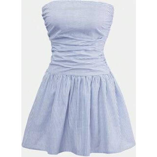 SHEIN Blue & White Striped Tube Top Shirred Waist A-Line Casual Holiday Mini Dress For Teenagers Summer Outfits For Women Summer Vacation Old Money Style Wo