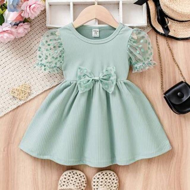SHEIN Baby Girls Casual Fashion Polka Dot Mesh Short Sleeve Dress, Summer