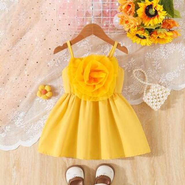 SHEIN Babygirl Spring Elegant Lightweight Chiffon Floral Decor Spaghetti Strap Flared Dress, Drawstring Waistline, Suitable For Party & Outings