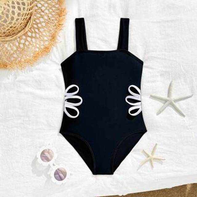 SHEIN Young Girl Black And White Hollow One-Piece Swimsuit For Beach/Vacation