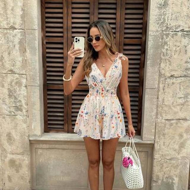 Calvaya INS Casual Holiday Waist Tie Floral Print Jumpsuit, Women Ibiza Outfit