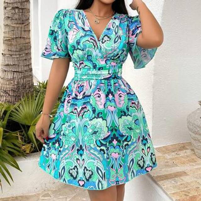 SHEIN JANE&#39;S Women&#39;s Elegant Vacation Daily V-Neck Slim Waist Paisley Floral Dress-Random Printing