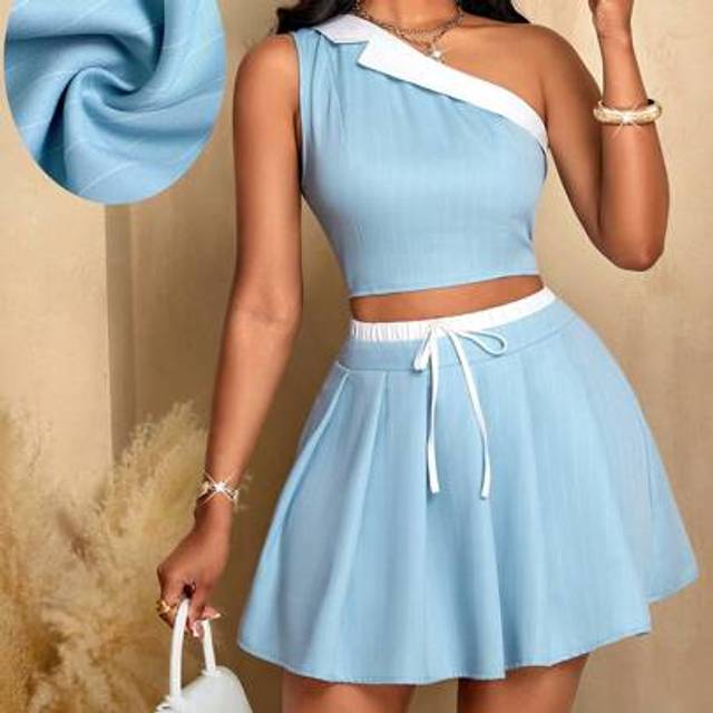 SHEIN Women&#39;s One-Shoulder Lapel Contrasting Color Spliced Striped Short Top & Pleated Skirt Suit Two Pieces Set Old Money Style