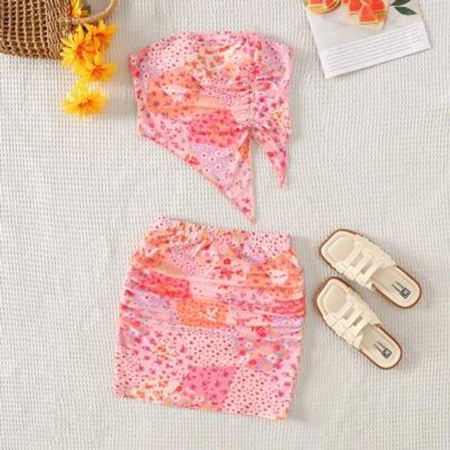 SHEIN Tween Girl Knit Mesh Pink Patchwork Floral Tube Top With Drawstring, Slim Fit Mini Skirt - 2pcs Tween Girl Casual Vacation Outfits Mommy And Me Matchi