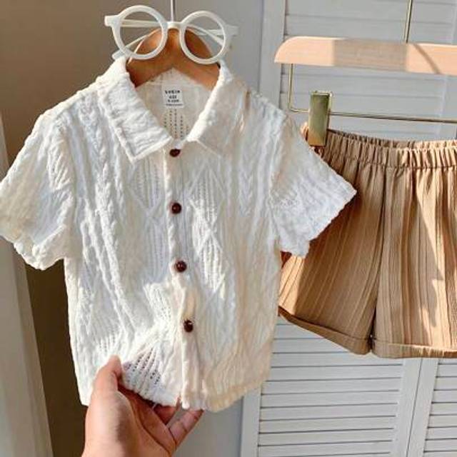 SHEIN 2pcs/Set Baby Boy/Girl Casual Versatile White Solid Hollow Knit Soft Round Neck Short Sleeve Cardigan Top And Contrast Color Cuffed Comfortable Shorts