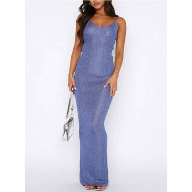 SHEIN Women Elegant Sparkly Sequin Spaghetti Strap Knitted Dress Scoop Neck Backless  Back Long Bodycon Party Dress For Party Club Holiday