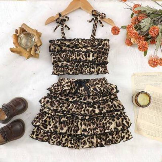 SHEIN 2pcs/Set Young Girl Casual Leopard Print Ruffle Cami Top And Skirt Set