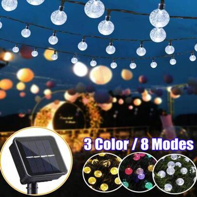 SHEIN 1pc Solar String Lights Outdoor 100/50/20 LEDs Crystal Ball Fairy Light Chritmas Garland 8 Modes Waterproof Patio Light For Garden Party Wedding Campi
