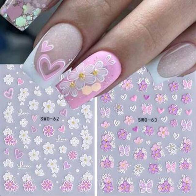 SHEIN 2pcs 5D Embossed Floral Nail Art Stickers, 3D Flower Butterfly Heart Pattern Self-Adhesive Nail Decals, Suitable For Valentine&#39;s Day Nail Decoration,