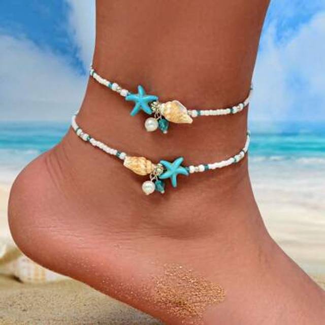 SHEIN 2 Pcs Bohemia Hand Made Beads Chain Starfish And Shell Decor Summer Beach Anklets Adjustable Vacation Foot Jewelry