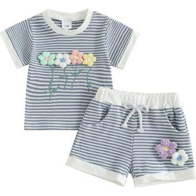 SHEIN Kids Girl Summer Outfits Stripe Waffle Flower Embroidery Crew Neck Short Sleeve Tops Elastic Waist Shorts 2Pcs Clothes Set