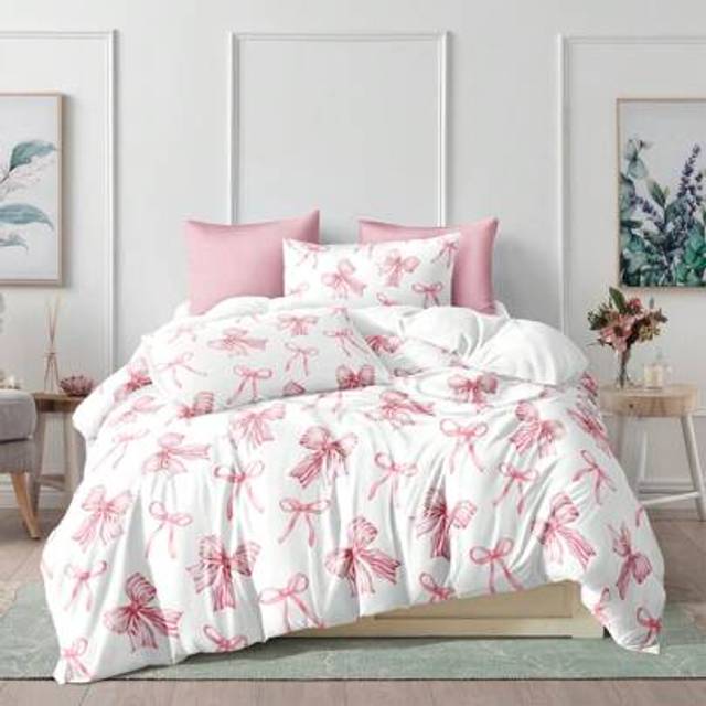 SHEIN 3pcs Watercolor Pink Striped Bow Tie Floral Print Bedding Set (1 Duvet Cover + 2 Pillowcases, No Fillings), Daily Use Polyester Soft & Comfortable For
