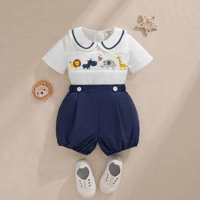 SHEIN Baby Boy Infant Animal Embroidery Cute Collar Top And Contrast Shorts 2 Pieces Outfit Set, Suitable For Outdoor Wear In Summer