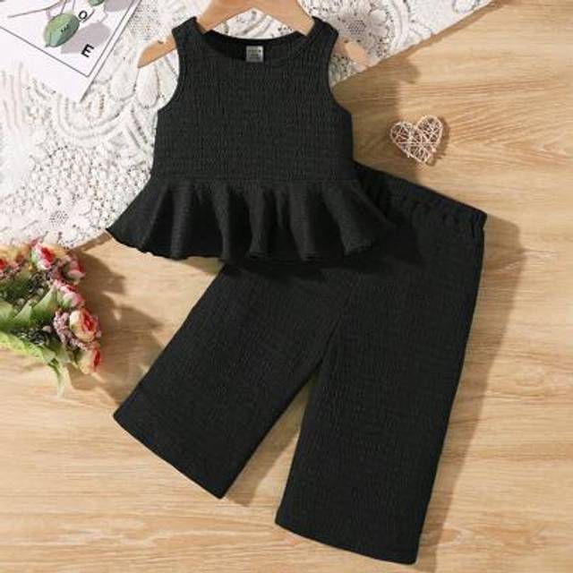 SHEIN Baby Girl Cute Solid Textured Sleeveless Top & Elastic Waist Wide Leg Pants Set, Summer