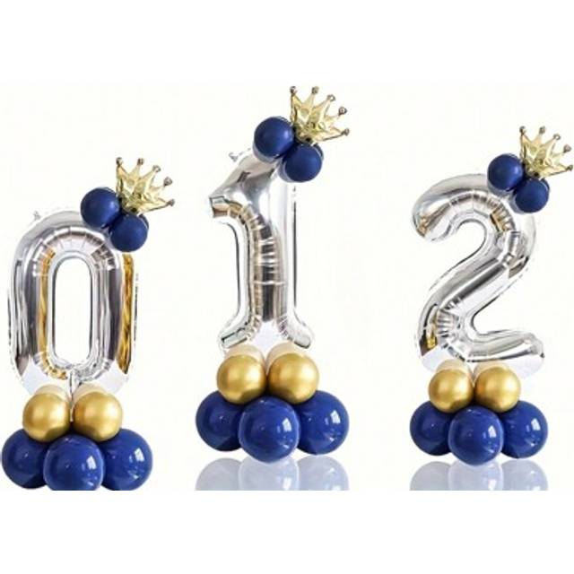 SHEIN 16pcs 32-Inch Vibrant Number Balloon Set - Including Silvery Numbers, Golden Small Crowns, Navy Blue Balloon, Balloon Glue Dots For Anniversary Celebr