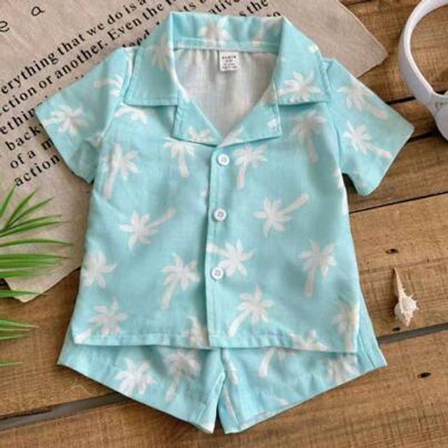 SHEIN Baby Boy Holiday Casual Coconut Tree Print Shirt & Shorts Set