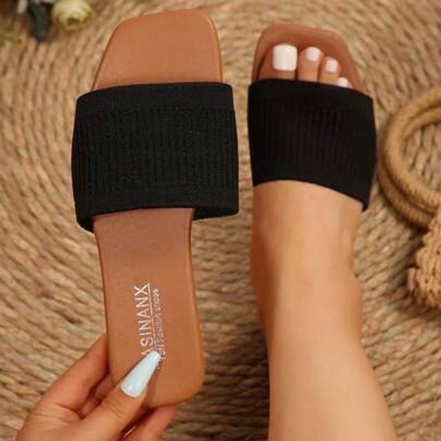 SHEIN Wide Fit Women&#39;s Sandals Black Summer Women&#39;s Slippers Wear Flat Casual Fashion Beach Women&#39;s Beach Shoes
