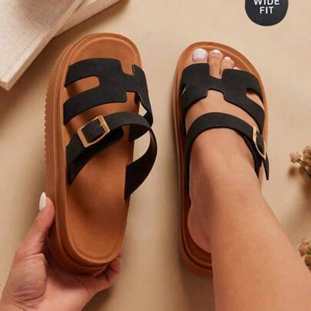 SHEIN Wide Fit H-Strap Slides - Black Nubuck Platform & Anatomical Arch Support |Wide Width Style For Poolside To Urban Walks Mother&#39;s Day Present
