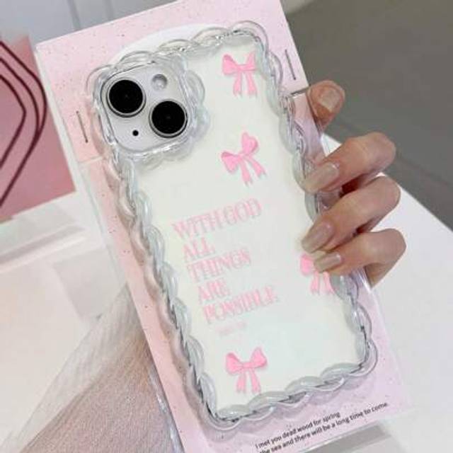 SHEIN 1pc Simple Pink Girly Butterfly & Slogan Pattern Wavy Fringe Silicone Shockproof Transparent Phone Case Compatible With IPhone 11/12/13/14/15 Pro Max