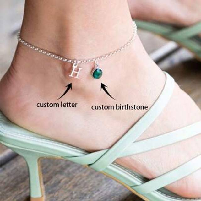 SHEIN Birthstone Anklet, Custom Initial Ankle Bracelet For Women, Rose Gold Personalized Custom Foot Jewelry, Sterling Silver Tiny Initial Anklet