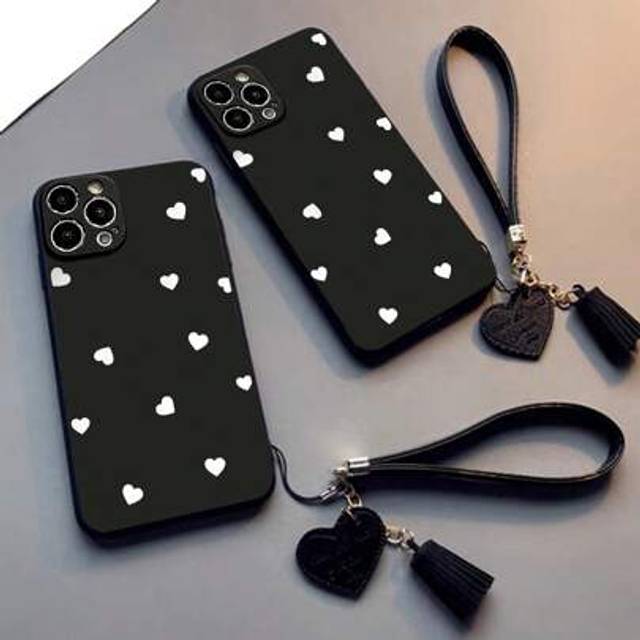 SHEIN 1pc Perforated Love Shape Painted Thick Shockproof Phone Case With New Leather Heart Wrist Strap DIY Tassel Pendant Bracelet Compatible With IPhone 15