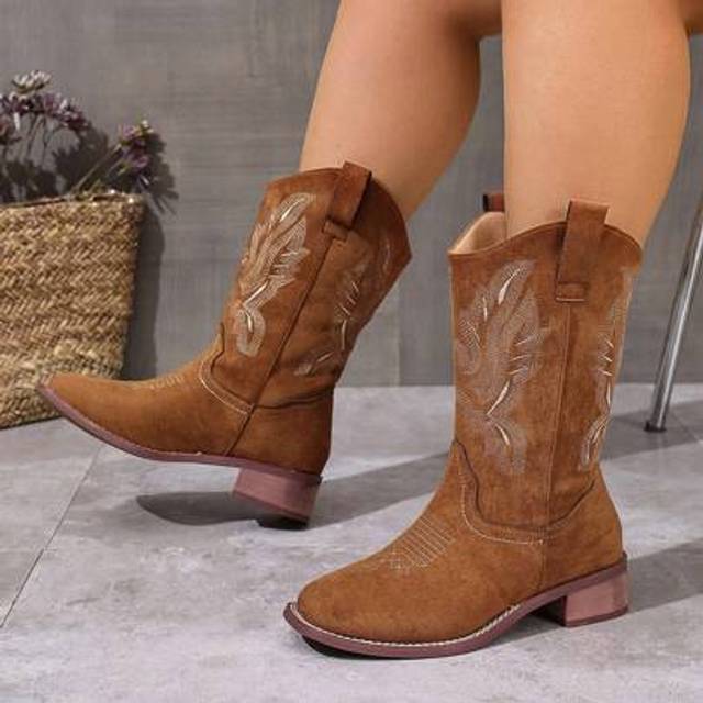 SHEIN Women&#39;s Thick Heel Slip-On Embroidered Brown Western Ankle Booties, Go With Sweater Square Toe Mid-Calf Fashion Cowboy Boots, New Autumn Winter Short
