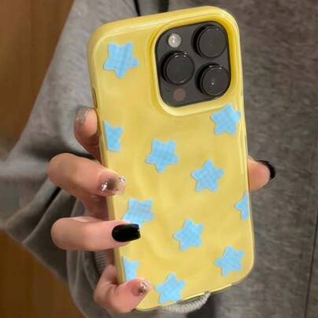 SHEIN Korean Y2K Blue Grid Pattern Star Wrinkle Pattern Phone Case Compatible With IPhone 16 Pro Max 14 15 Pro 13 12 11 Plus Soft Cover Shell