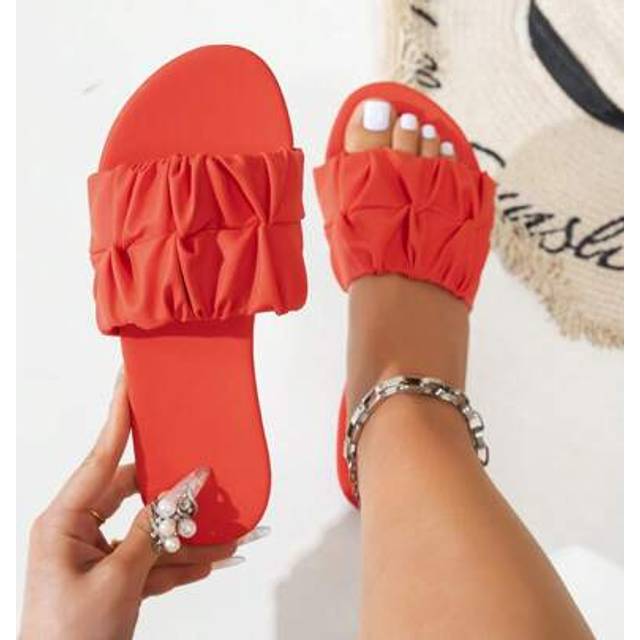 SHEIN Wide Fit Women Fashion Square Toe Pleated Flat Sandals, Summer Vacation Style PU Red Slippers