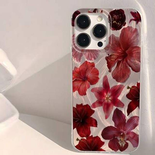 SHEIN 1pc Red Lily Flower Pattern Glitter Waterproof Shockproof Soft Phone Case Cover Compatible With Apple 16/16PRO/16PRO MAX/16PLUS