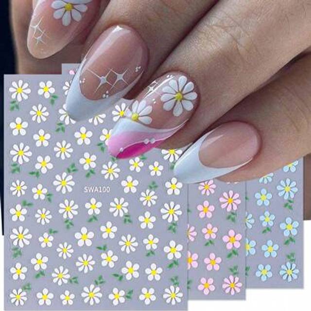 SHEIN 3PCS Dreamy Spring Daisy Designs Nail Stickers 3D White Blue Pink Blossom Flower Pattern Nail Art Decals DIY Self Adhesive Nail Art Decoration For Wom