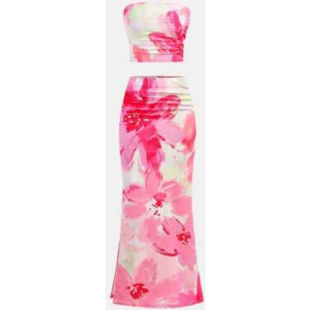 SHEIN Teen Girls 2 Pieces Tropical Print Fitted Tube Top And Maxi Dress Set