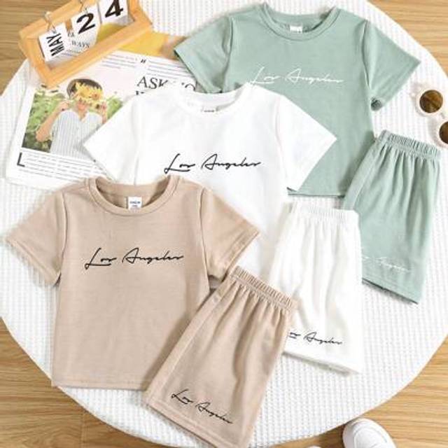 SHEIN 6pcs/Set Baby Boy Cute Summer Letter Pattern Knit Short Sleeve T-Shirt & Elastic Waist Shorts 6pcs Basic Outfits