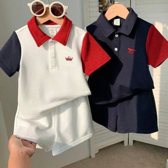 SHEIN 4pcs/Set Cute Casual Korean Style Baby Boy Summer Color Block Knit Polo Shirt & Shorts Set, Suitable For Birthday Party, Wedding, Baby Shower, Anniver