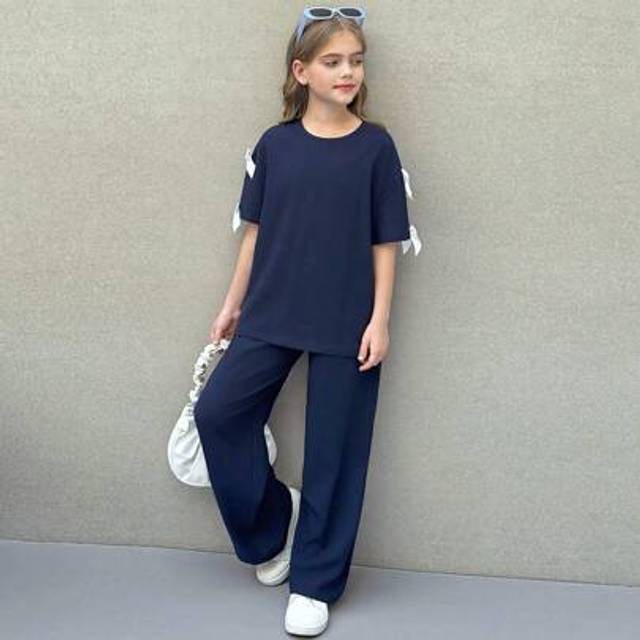 SHEIN Nova Glow Tween Girls Solid Color Round Neck Bow Loose T-Shirt & Baggy Long Pants 2 Pieces Casual Set GraduationOutfit