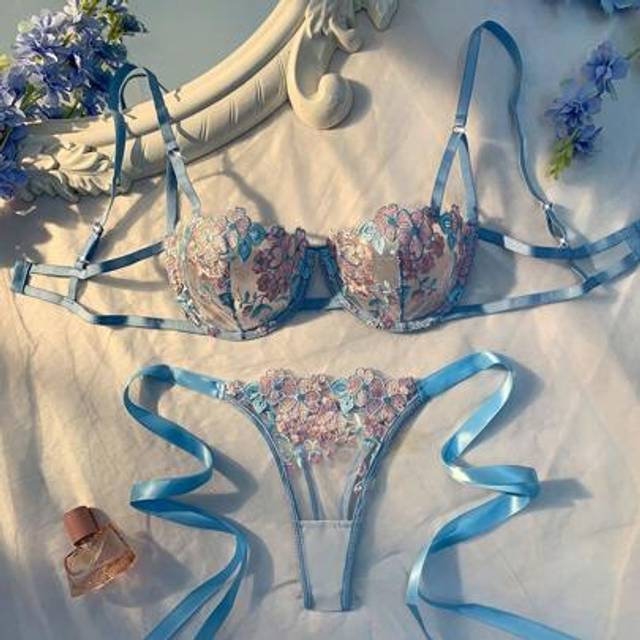 SHEIN 2pcs/Set Women Sky Blue Embroidered Lace-Up Lingerie Set