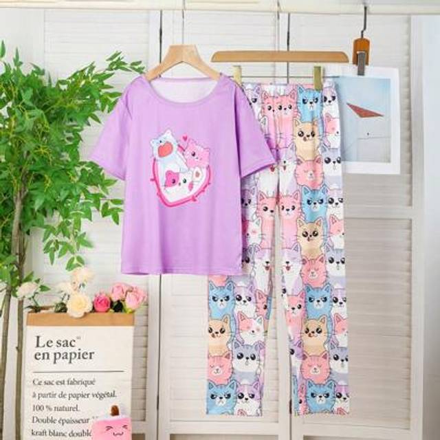 SHEIN Cute Cat Print INS Heart Contrast Color Girls Pajamas