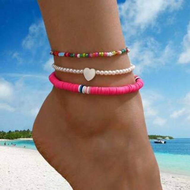 SHEIN 3 Pieces Bohemian Fashion Versatile Random Color Beaded Soft Ceramic Pearl Necklace, Heart Anklet Set, Suitable For Women Beach, Holiday & Daily Wear