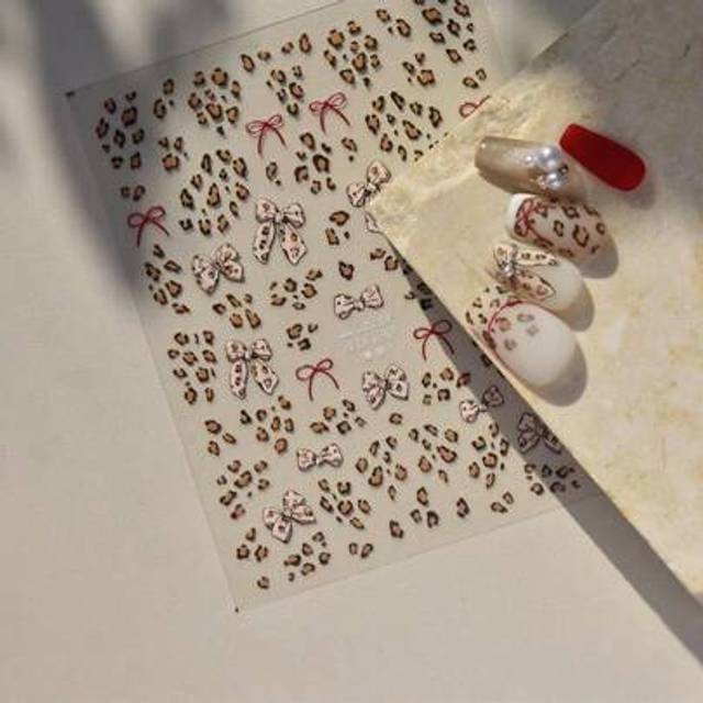 SHEIN 1pc Retro Leopard Print Bow Nail Charm Stickers Kawaii Ribbon Bows Self Adhesive Nail Art Stickers Decorations Manicure Decals