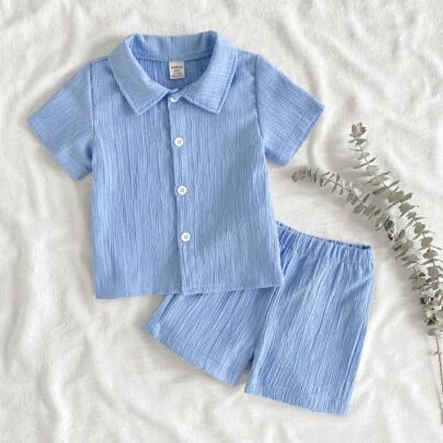 SHEIN Baby Boy Summer Blue Short-Sleeved Lapel Shirt Shorts Two Sets, Woven Fabric, Loose Version, With Fresh Blue Color As The Main Tone, Crepe Strip Fabri