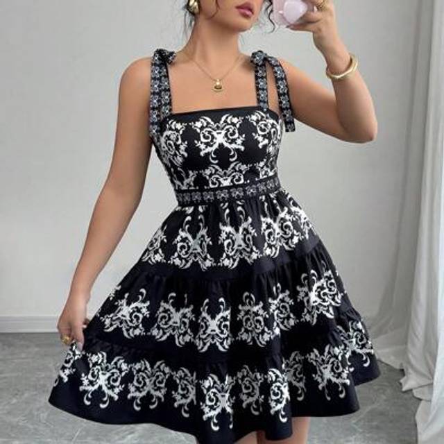 Calvaya Vintage Retro Printed Lace-Up Strap Black Cropped Mini Dress, Fashion & Minimalist