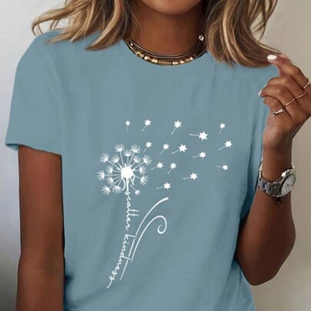 INAWLY Dandelion Patterned Botanical Floral Print Short Sleeve Round Neck T-Shirt, Casual Style Graphic Tees Women Tops